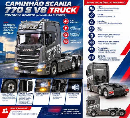 Caminhao Scania 770 S V8 Truck Controle Remoto Cinza Bester