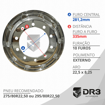 Roda Aluminio 22,5x8,25 Dianteiro Borda Larga Roadline