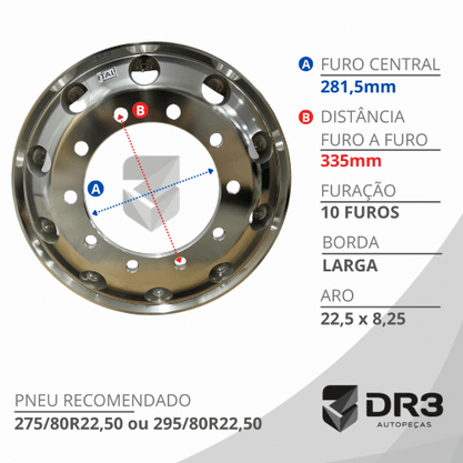 Roda Aluminio 22,5x8,25 Dianteiro Traseiro GT2 Borda Larga Ital