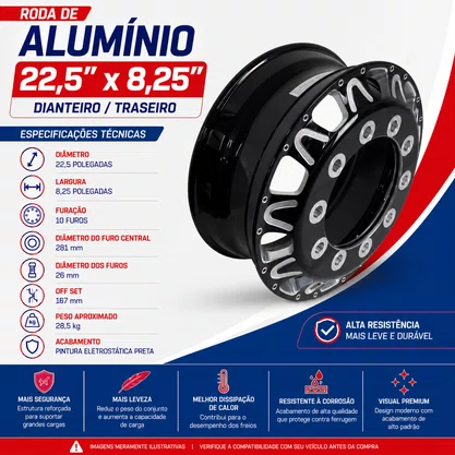 Roda Aluminio 22,5x8,25 Dianteiro Traseiro Preta Bester